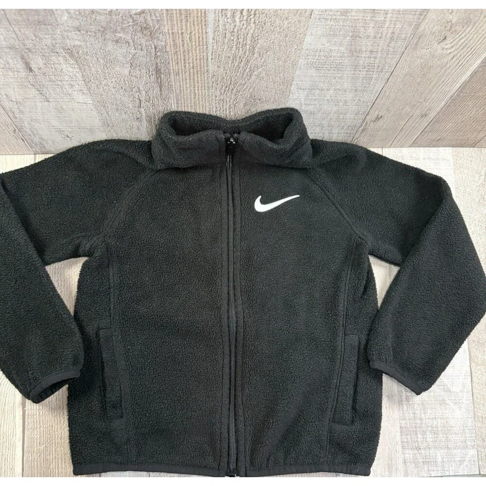 Nike Full Zip Sherpa Fleece Jacket Swoosh Toddler Kids Size XS 3-4 Years Black